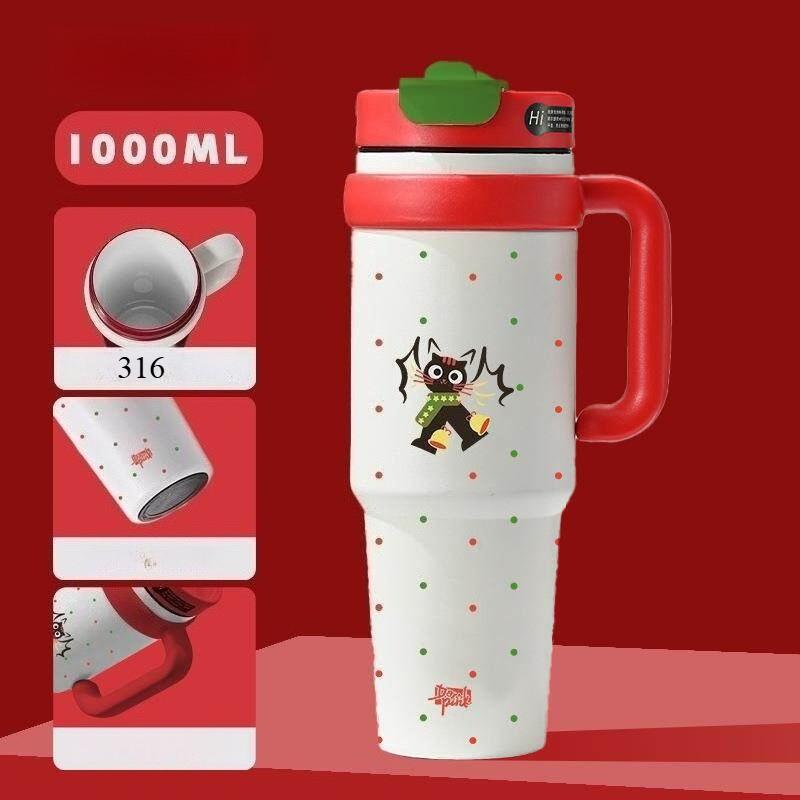 1000ml Ceramic Lined Tumbler with Handle, Large Capacity Vacuum Insulated Coffee Mug,Cartoon Pattern Leakproof Travel Water Cup for Car Office Outdoor