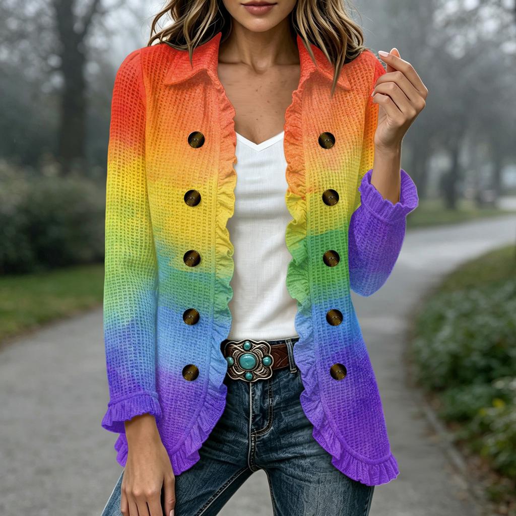 Women's Fashion Print Long Sleeve Ruffle Open Front Cardigan for Everyday Wear