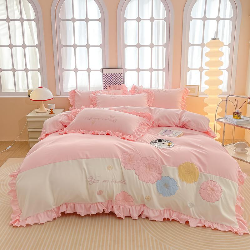 Lace Princess Wind Four-piece Set Washed Cotton Bed Sheet Quilt Cover Embroidered Small Fresh Bedding