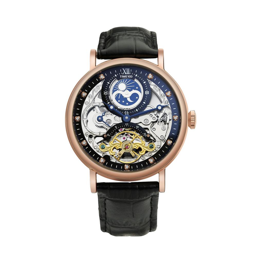 TIME100 роскошные автоматические часы скелетон механические из нержавеющей стали с ремешком из натуральной кожи водонепроницаемость 50 м мужские (Розовое золото)