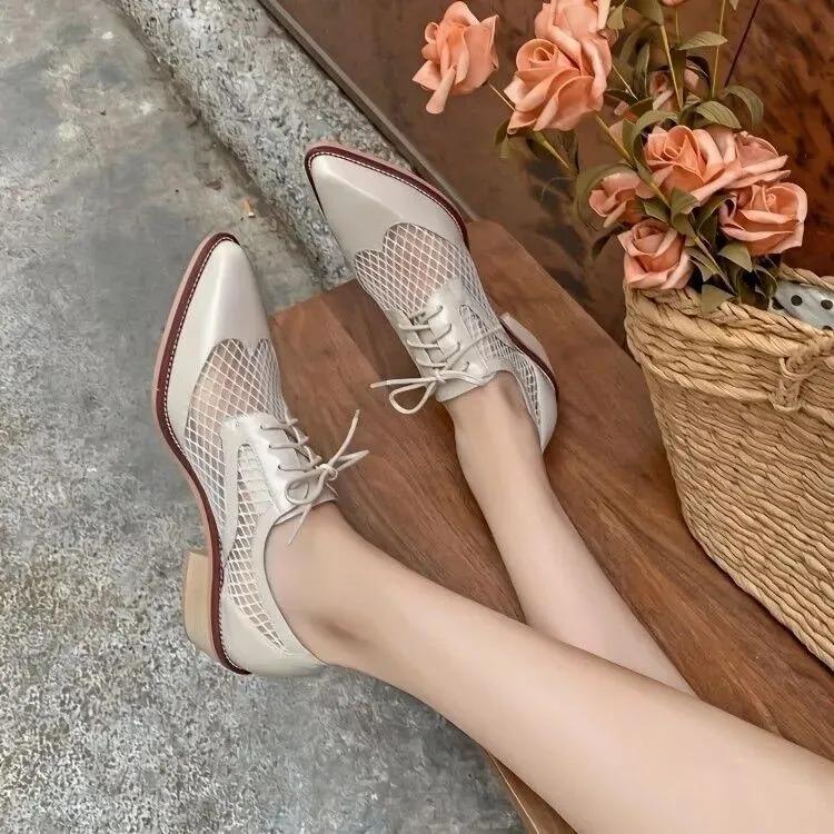 2024 Genuine Cow Leather Oxfords Women Shoes Lace-Up Ladies Brogue Flat Derby Shoes Pointed Toe Lace-up Heels Women Shoes for Women