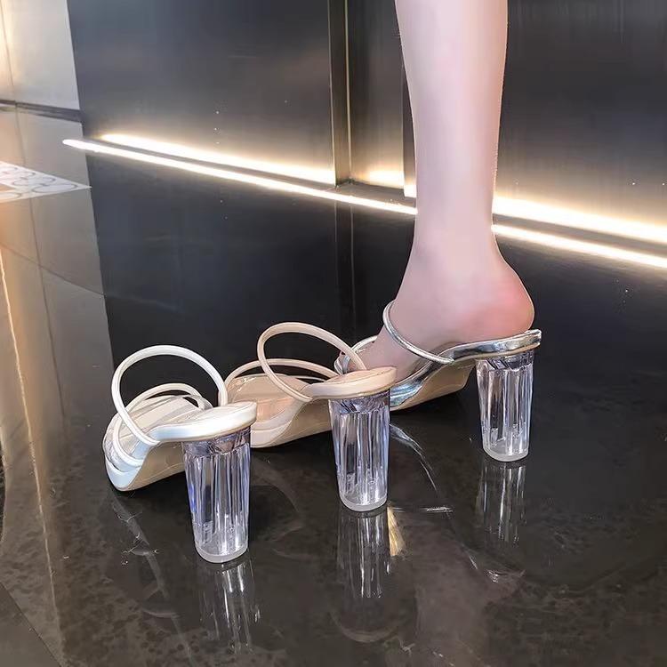 Высокие каблуки для женской верхней одежды, новые прозрачные сандалии лето 2024 с прямым ремешком и босоножки на толстом каблуке с хрустальным каблуком Женская обувь