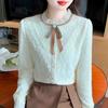 Winter Fashion New 2024 Long Sleeve Bow Stand Collar Apricot Velvet Lace Blouse Shirt Women Tops Blouses Shirts J808