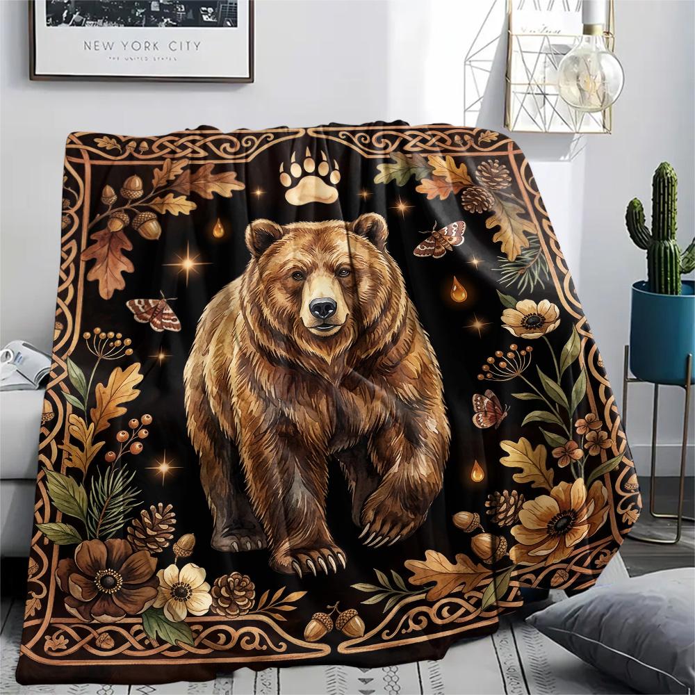 1Pc Bear Eagle Print Flannel Blanket High Quality Warm Comfortable Cover for All Seasons Perfect for Gifts Home Decor