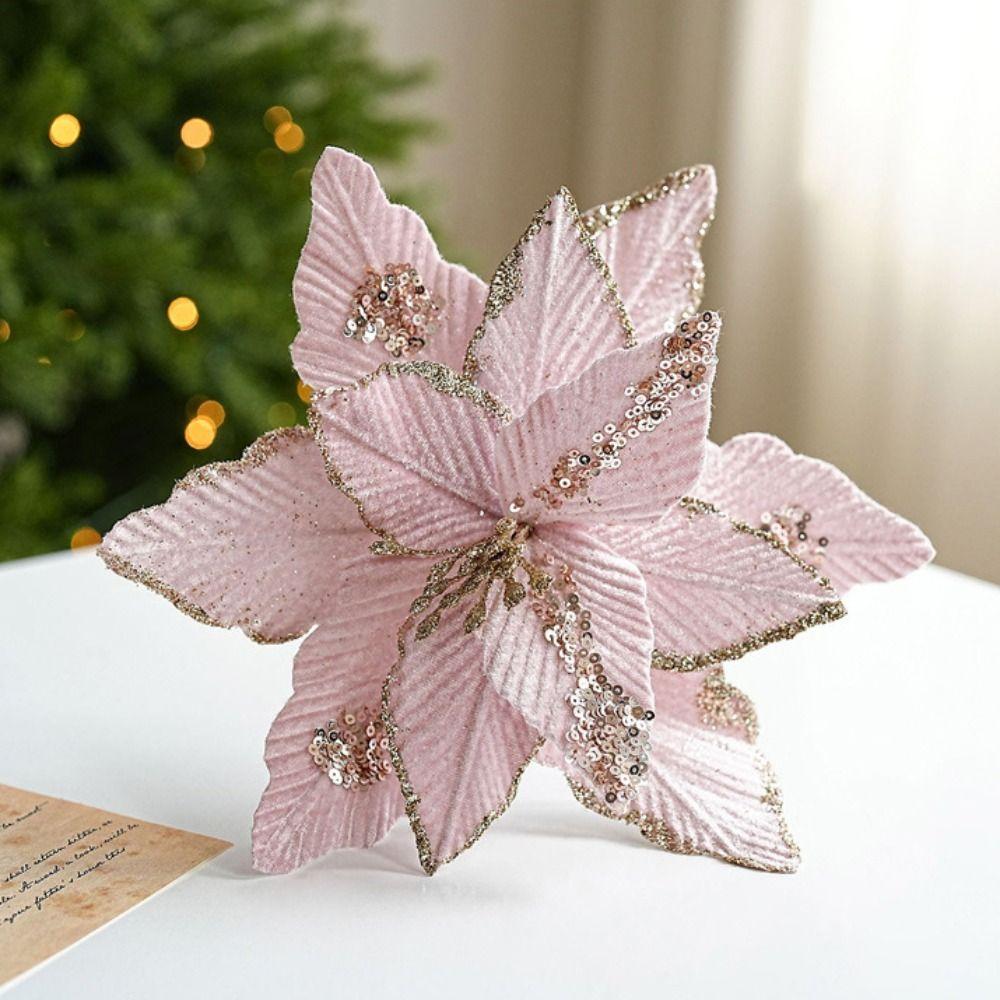 Fleece Fabric Christmas Flowers 25cm Xmas Tree Pendant Gold Glitter Flower Xmas Holiday Decor