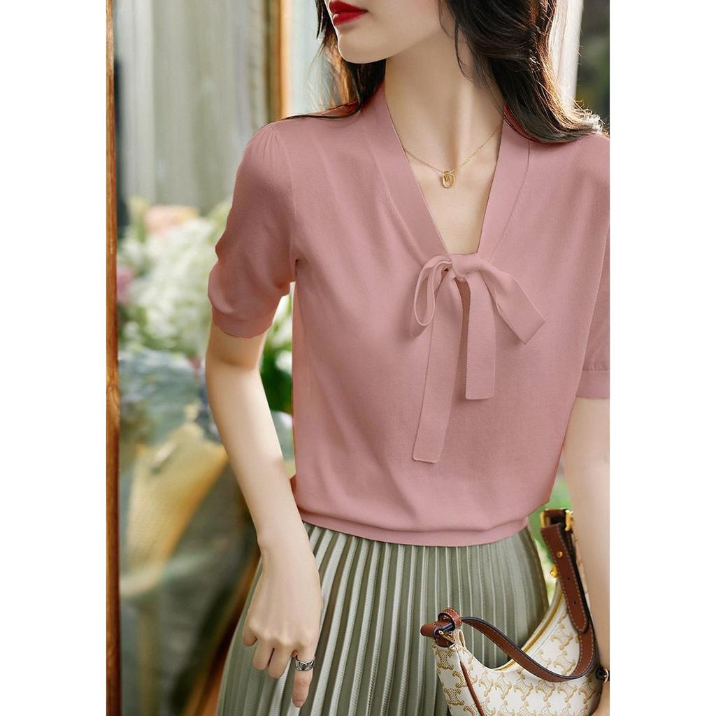 Летняя женская футболка Ice Silk с короткими рукавами, женская трикотажная футболка с V-образным вырезом и завязкой, свободная, с короткими рукавами