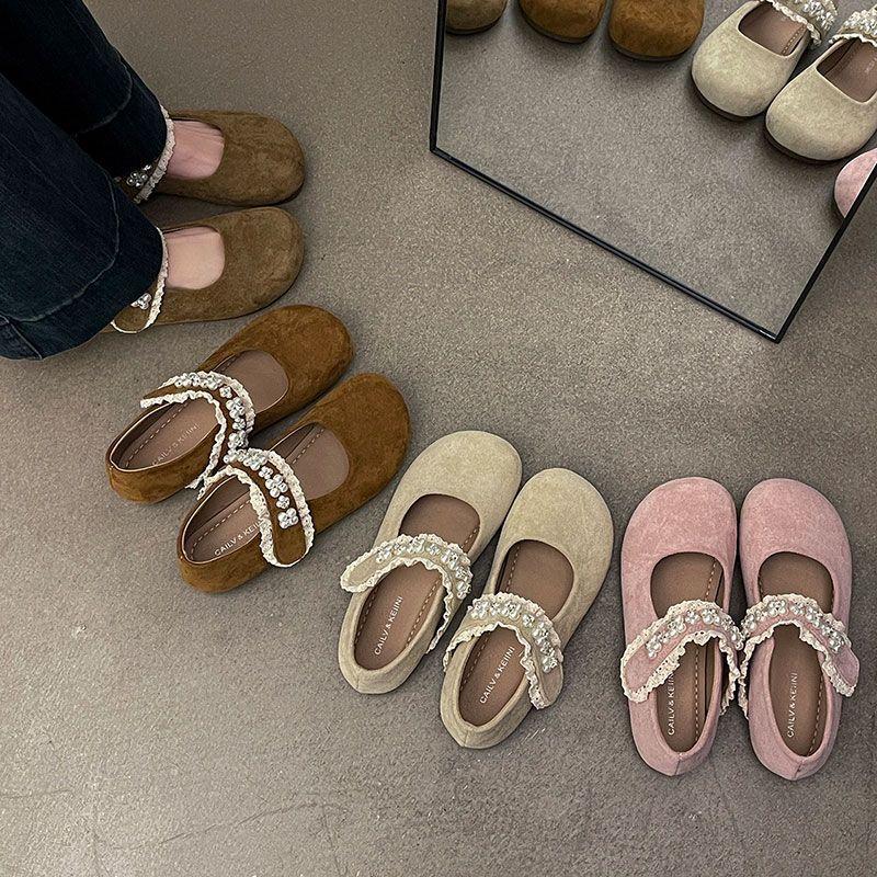 Туфли Мэри Джейн с липучками и жемчугом, женские, весна 2025 г., неутомимые ноги, мягкая подошва, верхняя одежда, темперамент, стиль феи, вечерние туфли