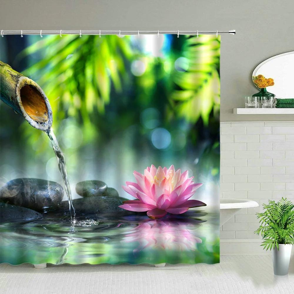 Дзен Зеленый Бамбук Будда Шторки для Душа Водяная Свеча Камень Цветок Лотоса Садовый Пейзаж 3D Домашний Декор Крючки Ткань Занавеска для Ванной