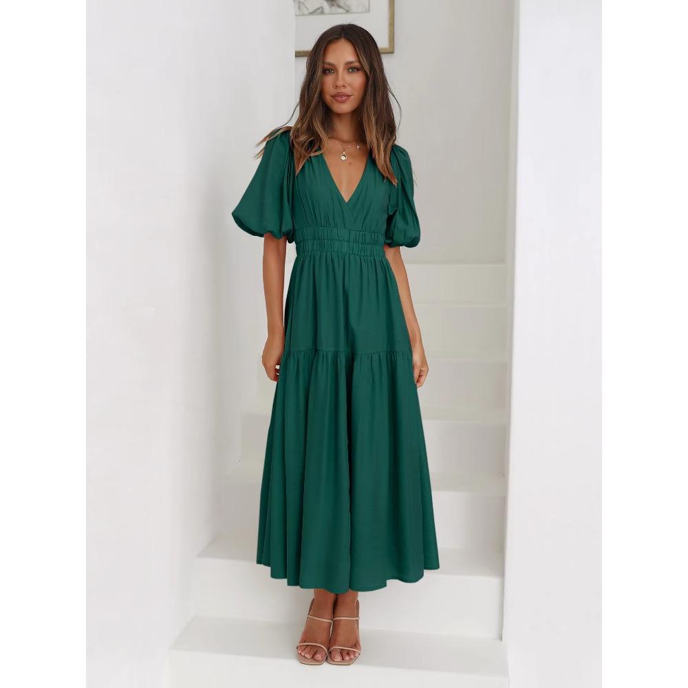 Модное летнее винтажное платье для женщин с рукавами-фонариками и оборками, повседневное платье с V-образным вырезом и высокой талией, сексуальное вечернее миди-пляжное платье