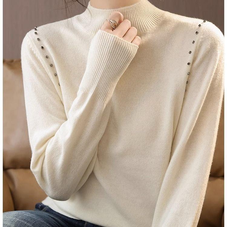 Осенне-зимний женский свитер с высоким воротником и длинными рукавами, трикотажная рубашка, свободная одинарная одежда, нижняя часть рубашки, верхняя часть