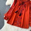 Summer Vintage Women Blouse Embroidered Puff Sleeve Color Block Ethnic Style Camisa Feminina Casual Tops