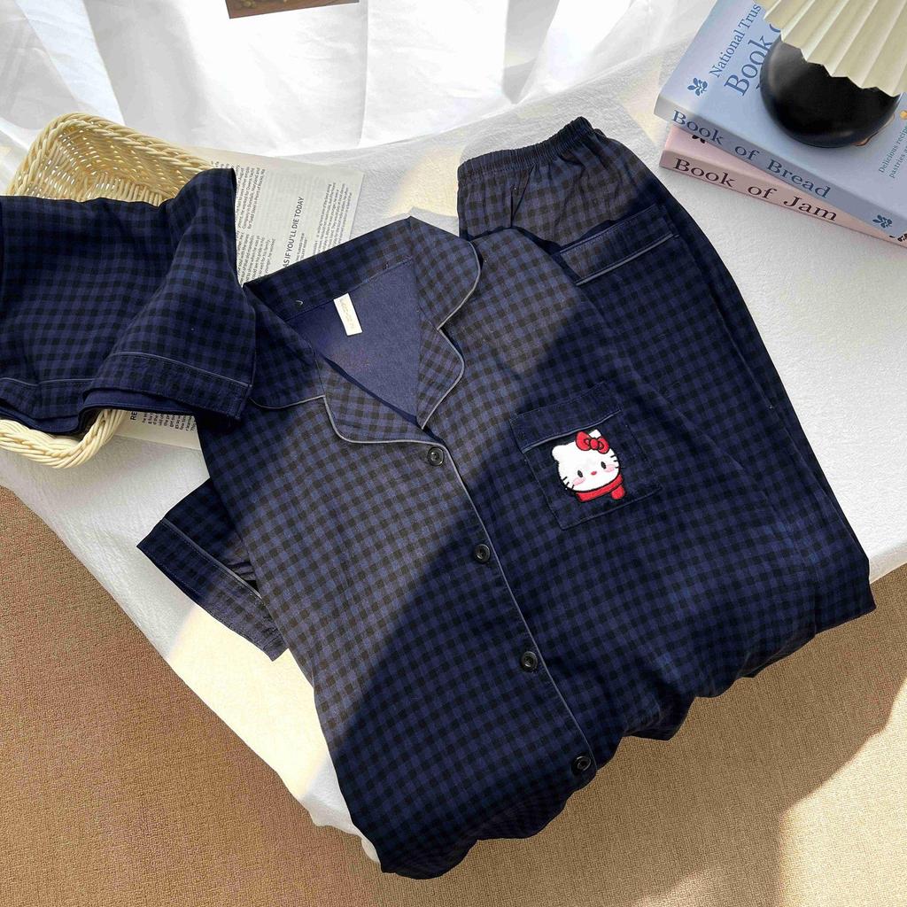 Клетчатый пижамный комплект Hello Kitty - Женский короткий рукав Весна/Лето 3 предмета