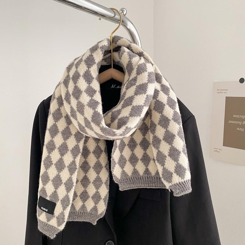 Blue Checkerboard Wool Small Scarf Female Winter Warm Versatile Student Couple Short Scarf
