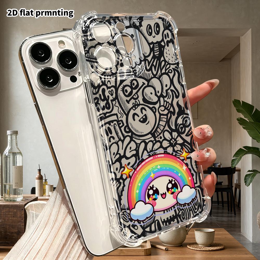 Phone Case: 2D flat suitable for iPhone 18 17 16 15 14 13 Pro, transparent four corner protective case, rainbow bun, Christmas and Halloween gifts