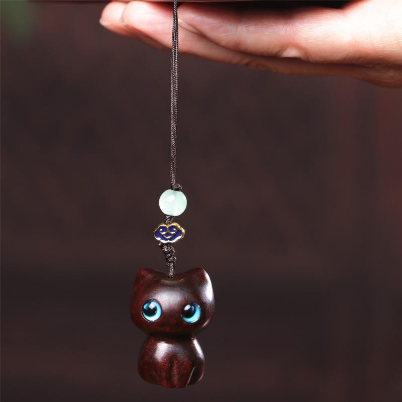 Cat Cartoon Red Sandalwood Phone Charm Pendant - Kitten Accessories Gift Ornament
