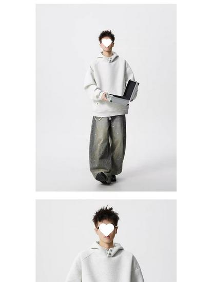 Men's American-Style Heavyweight Half-High Collar Button-Up Hoodie - Autumn/Winter Trendy, Loose Fit, Plus Velvet, Thickened Jacket.