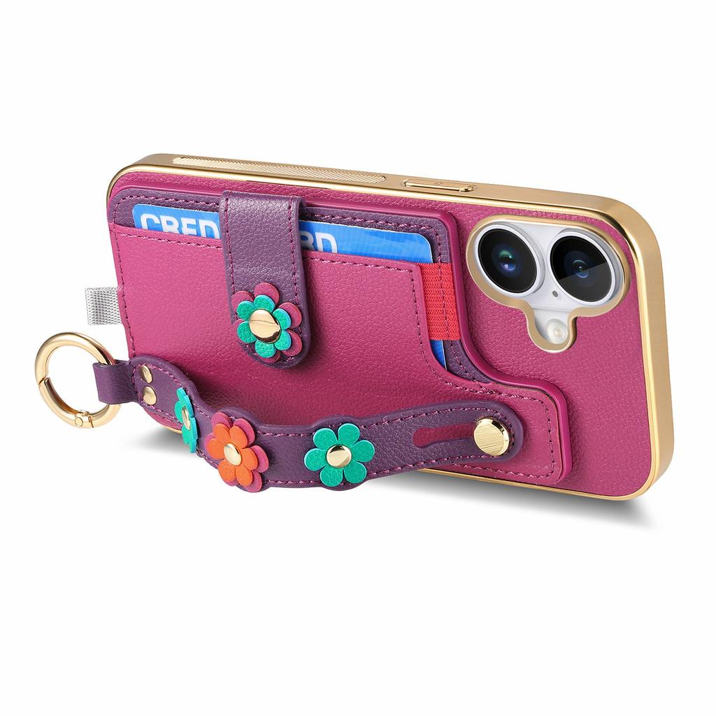 For iPhone 16 Case Card Holder Leather Back Cover 3D Flower Wristband - Purple