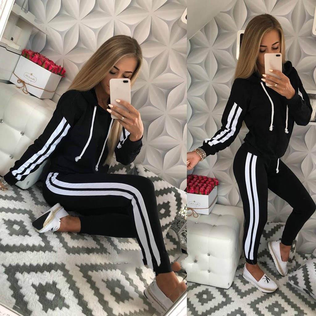 Fashion Women Casual Stripe Hooded Long Sleeve Pullove Sport Tops+Long Pants Set