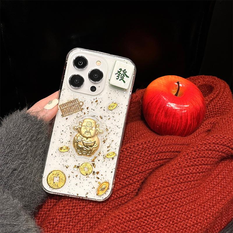 Чехол для мобильного телефона Apple 16Pro в виде новогоднего слитка подходит для Iphone17Promax Эпоксидный Золотая фольга Монета Счастливый кот