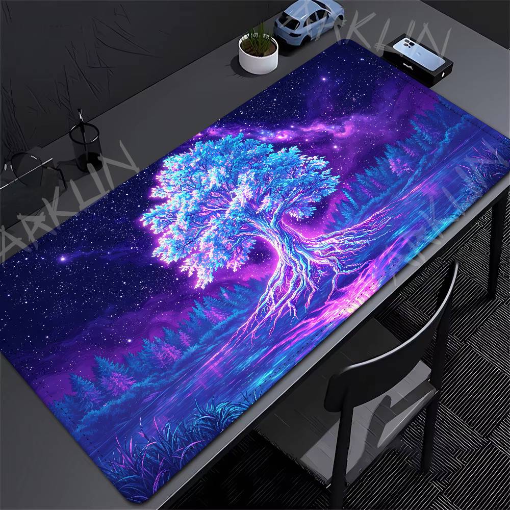 Glowing Neon Tree Of Life Gaming Mouse Pad Psychedelic Galaxy Starry Night Forest Lake Extended Desk Mat Nonslip Gamer Office