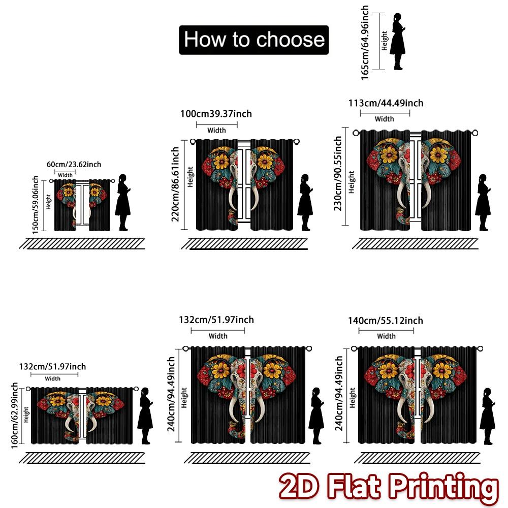2D flat printing 2pcs Curtain Party Curtain Day of the Dead Elephant Digital Printed Polyester Drapes Festive Holiday for