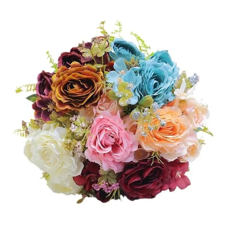 Винтажный европейский букет из искусственных цветов с шелковыми розами и гортензией макрофиллой для свадебного декора и домашнего стайлинга