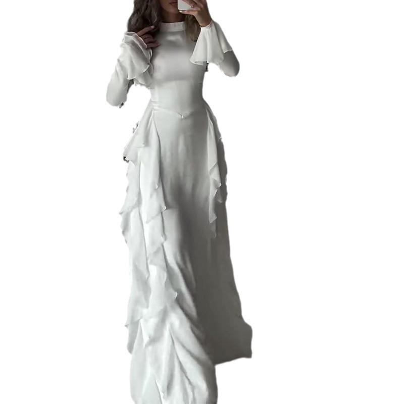 «Осеннее женское облегающее платье с круглым вырезом, рукавами-трубами и высокой талией»