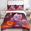 3pcs White Cat Holding Pumpkin Lantern Quilt Cover Set - Soft & Comfortable Polyester Fabric, All-Season Breathable Comforter Set For 1 Quilt Cov