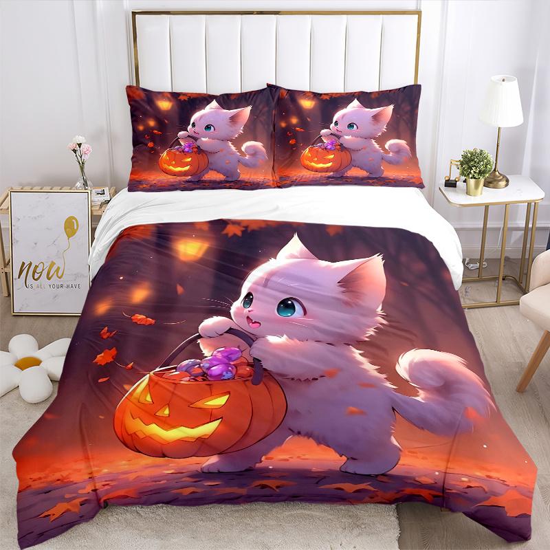 3pcs White Cat Holding Pumpkin Lantern Quilt Cover Set - Soft & Comfortable Polyester Fabric, All-Season Breathable Comforter Set For 1 Quilt Cov