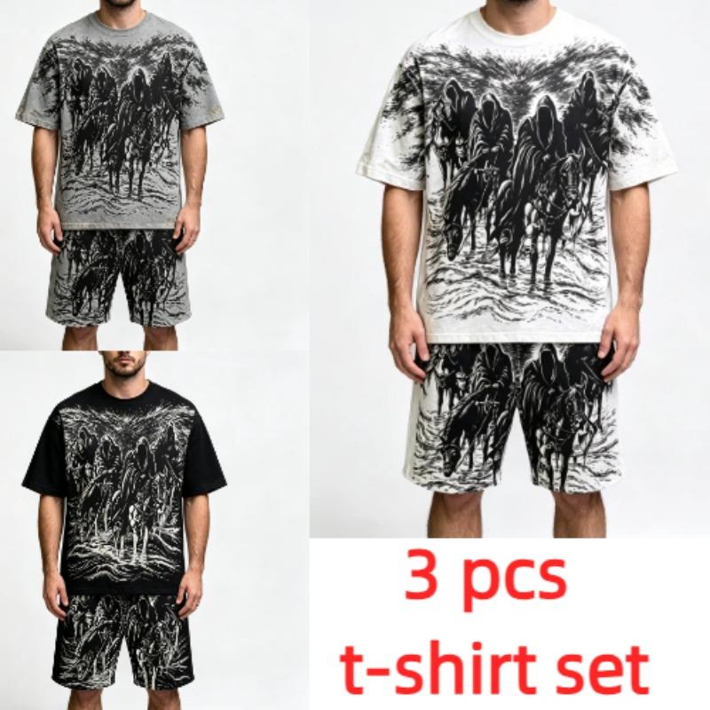 Summer Fashion Gothic Style Vintage Death Knight Printed Round Neck Short Sleeved T-Shirt And Shorts Set Men's and Women's T-shirt Shorts Set