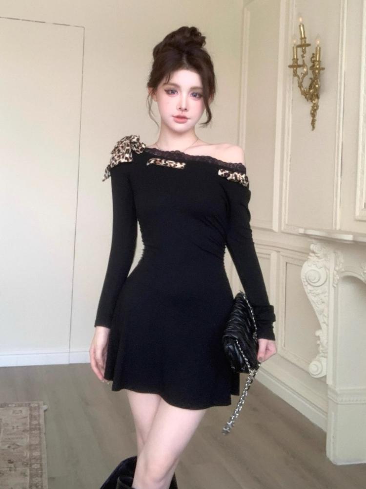 Осеннее кружевное леопардовое принтовое платье с длинным рукавом и диагональной строчкой на плечах, черное чистое платье Desire с завышенной талией, короткие платья American Spice Girl