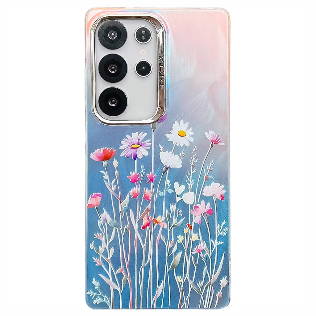 For Samsung Galaxy S24 Ultra Case Floral Pattern Electroplating Laser Texture TPU+PC Phone Back Cover