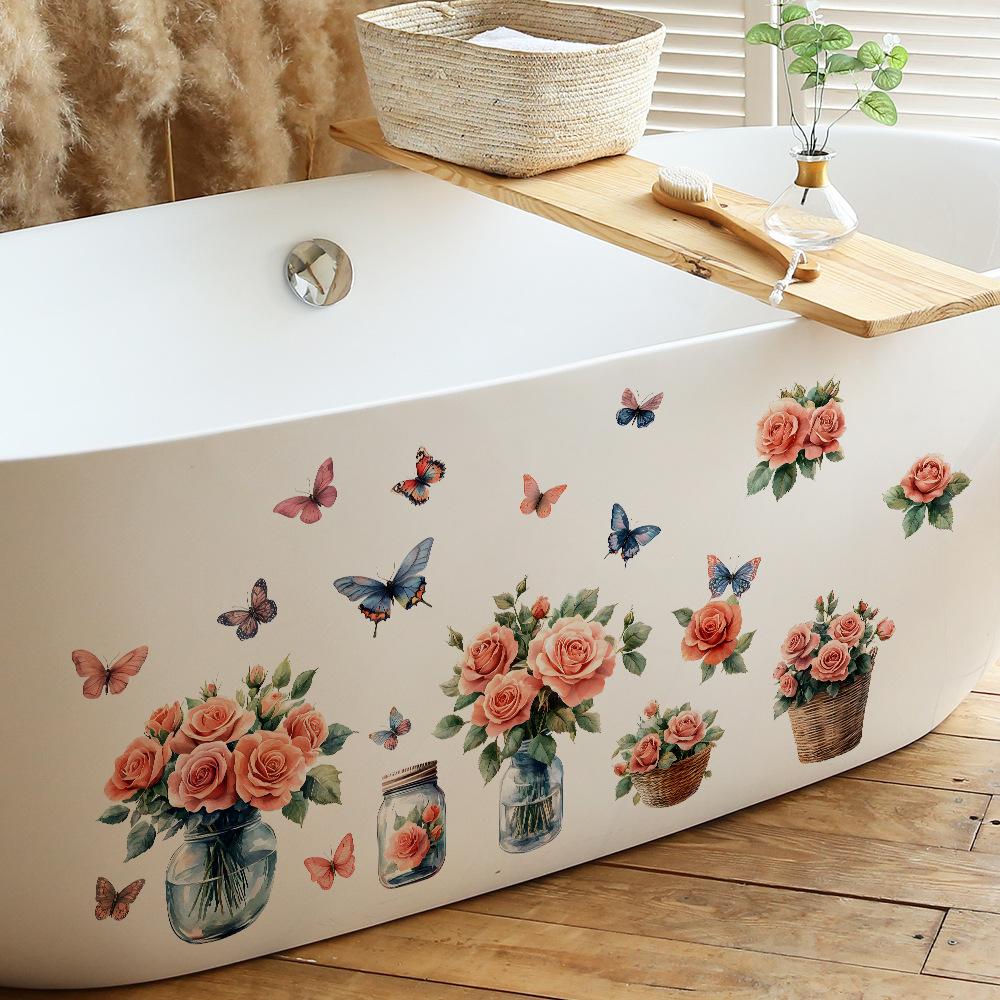 Painted Rose Vase Butterfly Bedroom Living Room Wardrobe Home Background Beautification Decoration Stickers