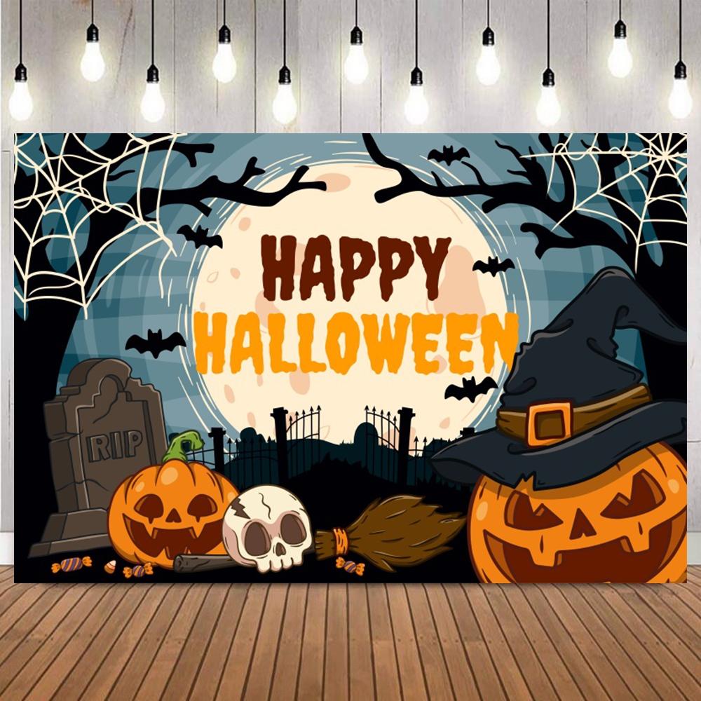 Night Halloween cartoon theme decoration photography background pumpkin castle cemetery skeleton black cat bats Photo Backdrop4