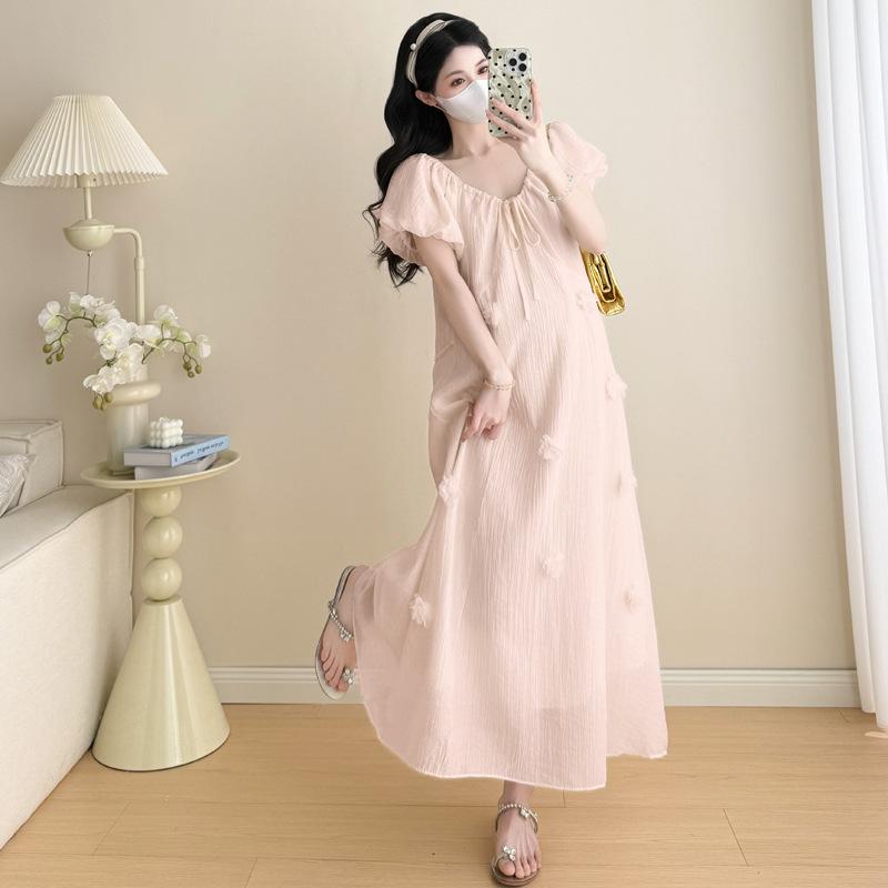 2026 Summer Korean Style Puff Sleeve Knee-Length Maternity Dress