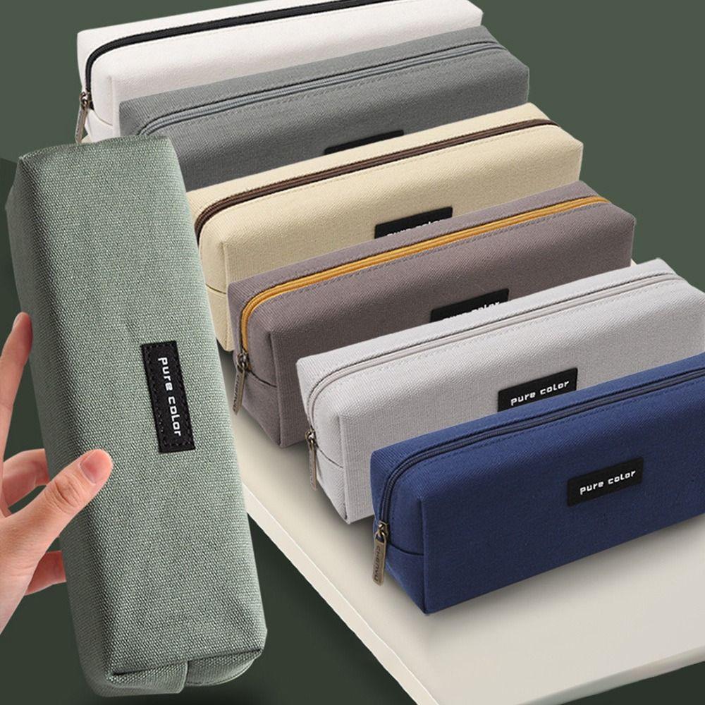 Pure Color Zipper Canvas Stationery Holder Box Pen Bag Pencil Pouch Pen Case