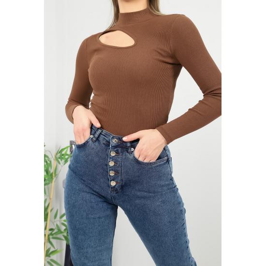 Прозрачные блузки Женская трикотажная блузка в рубчик с вырезами и детальной отделкой