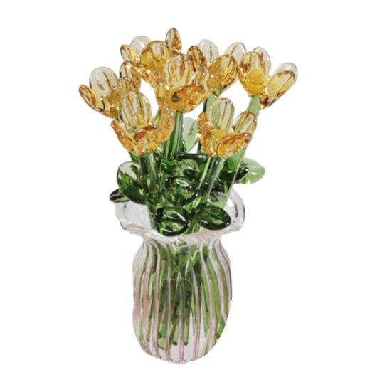 Glass Flower Bouquet with Vase Hand-Blown Mini Flower Decoration Home Living Room Handmade Simulation Floral Ornament with