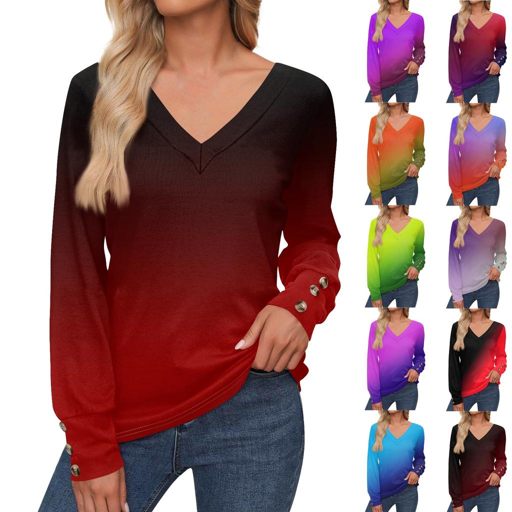 Women's Tops Gradient Printed Long Sleeve Shirt V Neck Casual Loose T-Shirt Autumn Clothing