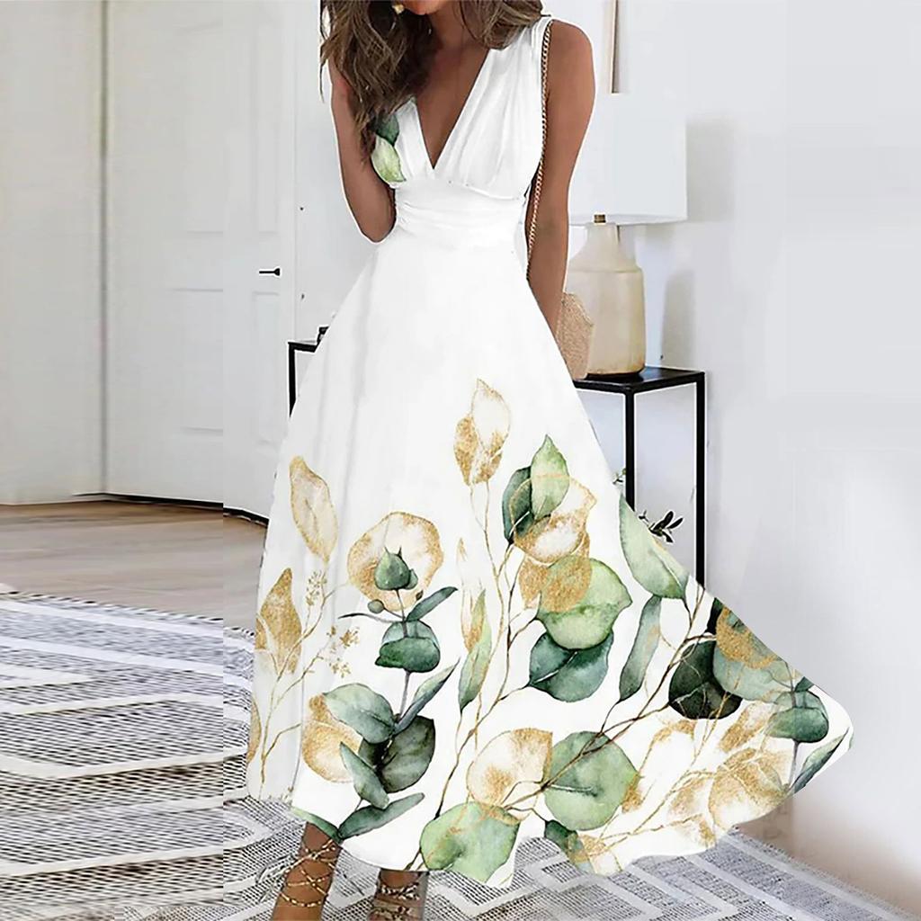 Женское длинное платье Платье макси Повседневное платье Свободное платье Платье трапециевидной формы с цветочным принтом Мода Уличная одежда На открытом воздухе Повседневные с принтом для свиданий Платье без рукавов с V-образным вырезом