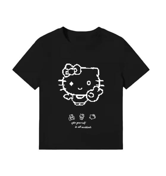 Hello Kitty Retro Pixel Minimalist Print Cropped T-Shirt Oversized Women And Men Comfortable Fashion T-Shirt