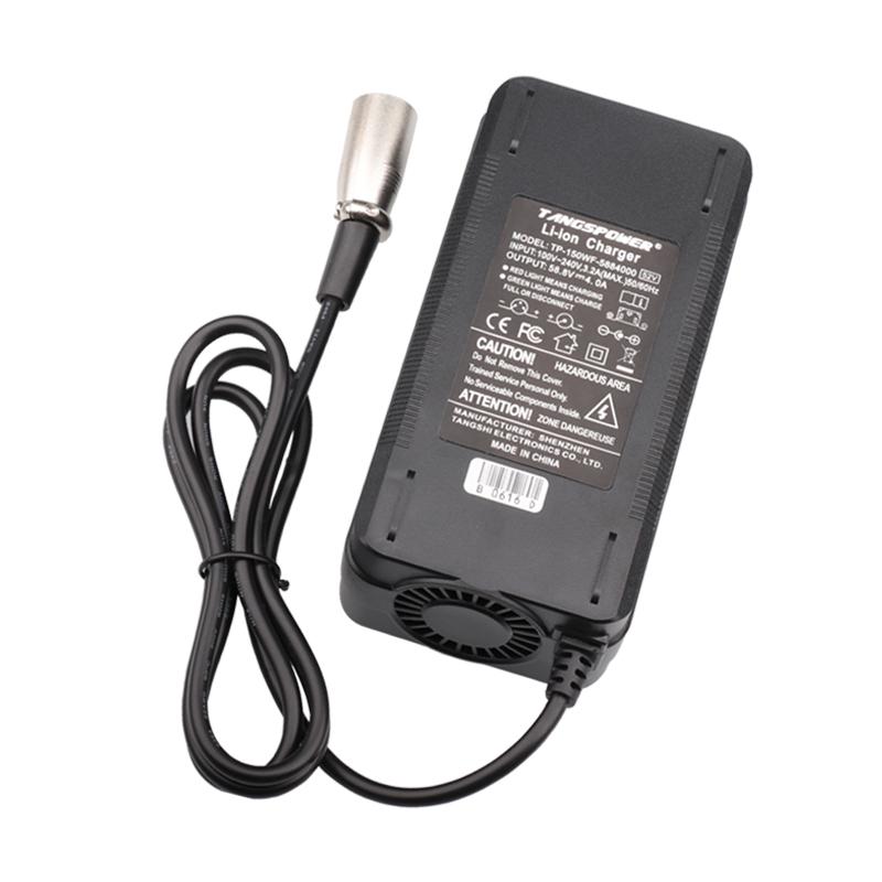 58.8V 4A Lithium Battery Charger 14S 52V Li-ion Battery Pack Fast Charging 3-Pin XLR Connectors Power Tool Charger Cooling Fan