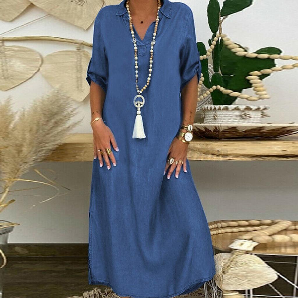 Women Casual Solid Denim Dress V-Neck Roll Sleeve Button Loose Long Dress