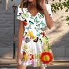 Summer Fashion Women's V Neck Short Sleeve Flowers and Butterflies Printed  Dress Sex Short Skirt Dresses
