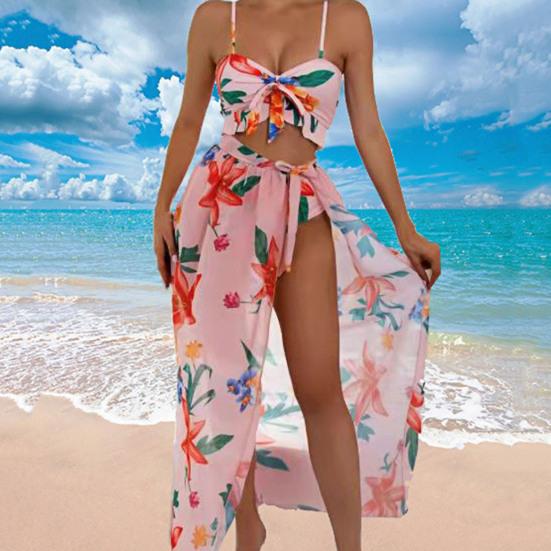 Длинная юбка Купальники Шикарный сладкий женский купальник из трех частей с рюшами