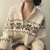 Autumn Winter Retro Contrasting Zipper Jacquard Casual Loose Long-sleeve Knitted Sweater Jacket Women Y2k Cardigan Sweaters Coat