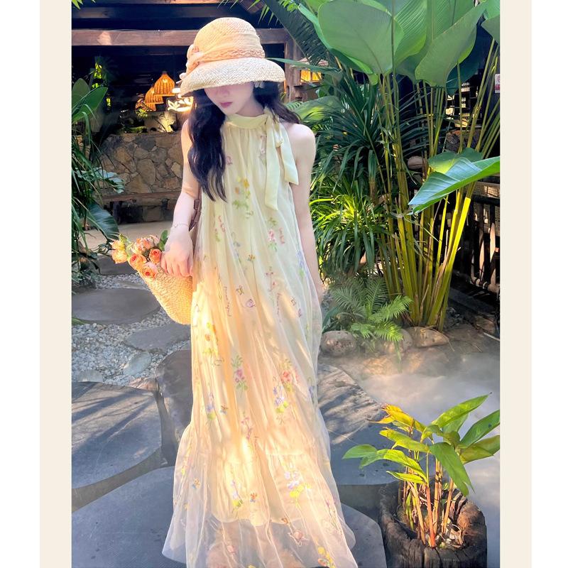 Летние свободные платья с вышивкой из сетки и висячей шеи