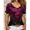 Летний топ с V-образным вырезом, принтом с 3D-цветочным узором, модная повседневная женская футболка с коротким рукавом