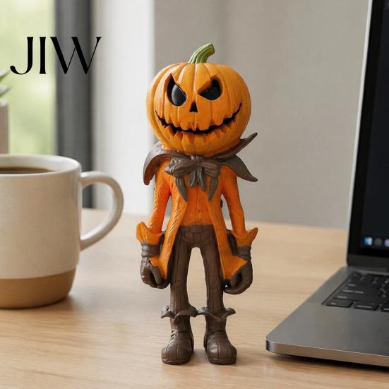 Artistic Pumpkin Man Sculpture Halloween Figurine, Resin Figure, Classic Ghost Hand Painted Fall Table Decor Face Desktop Ornament for Home