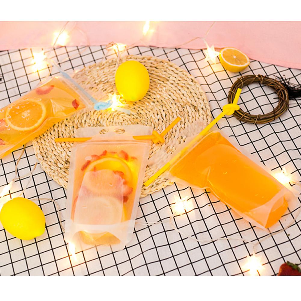 50Pcs Clear Plastic Drinking Packaging Bag Food Fresh Keeping Transparent Beverage Juice Milk Coffee Pouch Zip Bag with Straw